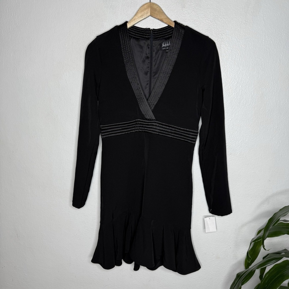 New Bardot‎ Long Sleeve Black Mini Ruffle Dress Deep V-Neck Women's US 6